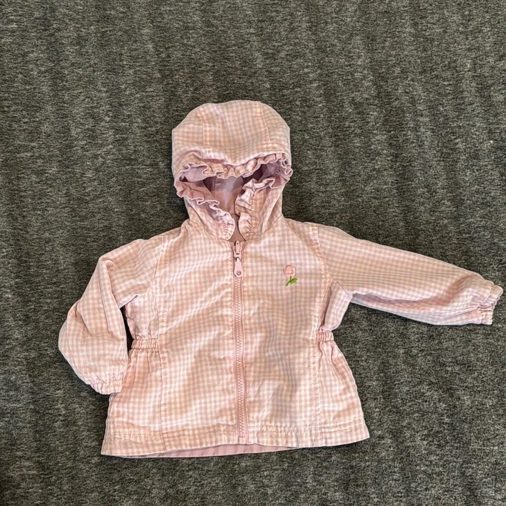 Oshkosh, pink lilac, lavender gingham, checked reversible, hooded jacket 6–9mos